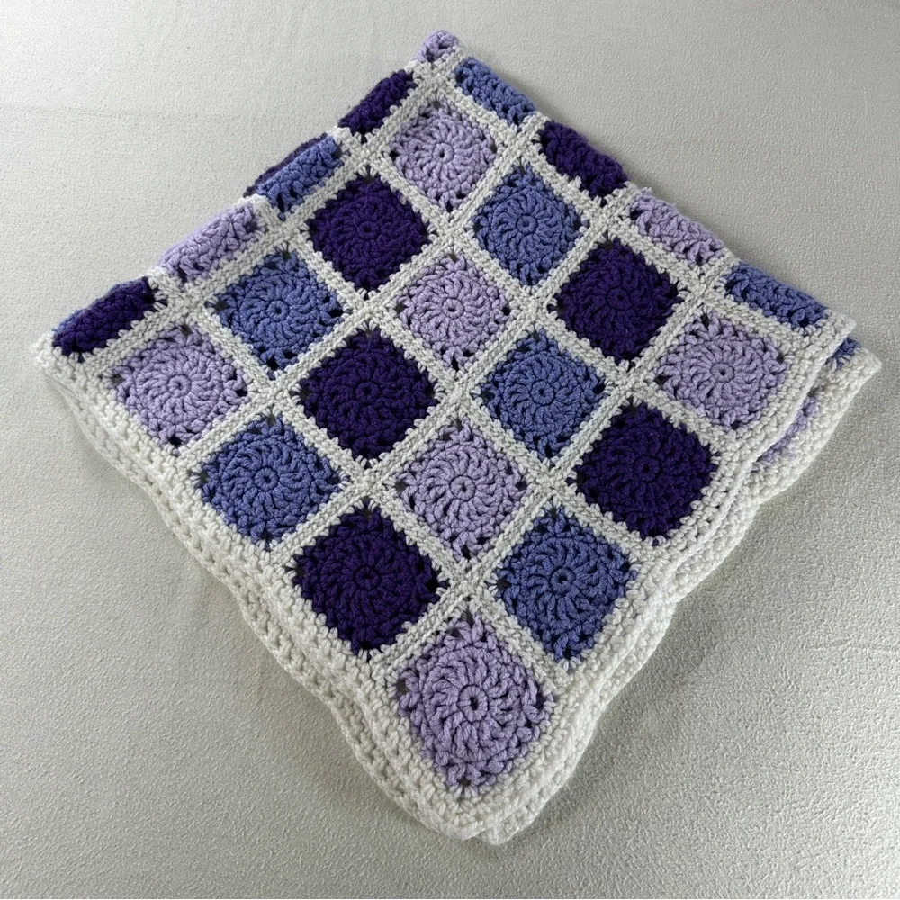 Hand knitted Granny Square Purple and Lavender Crochet Blanket Size 35”x32.5”